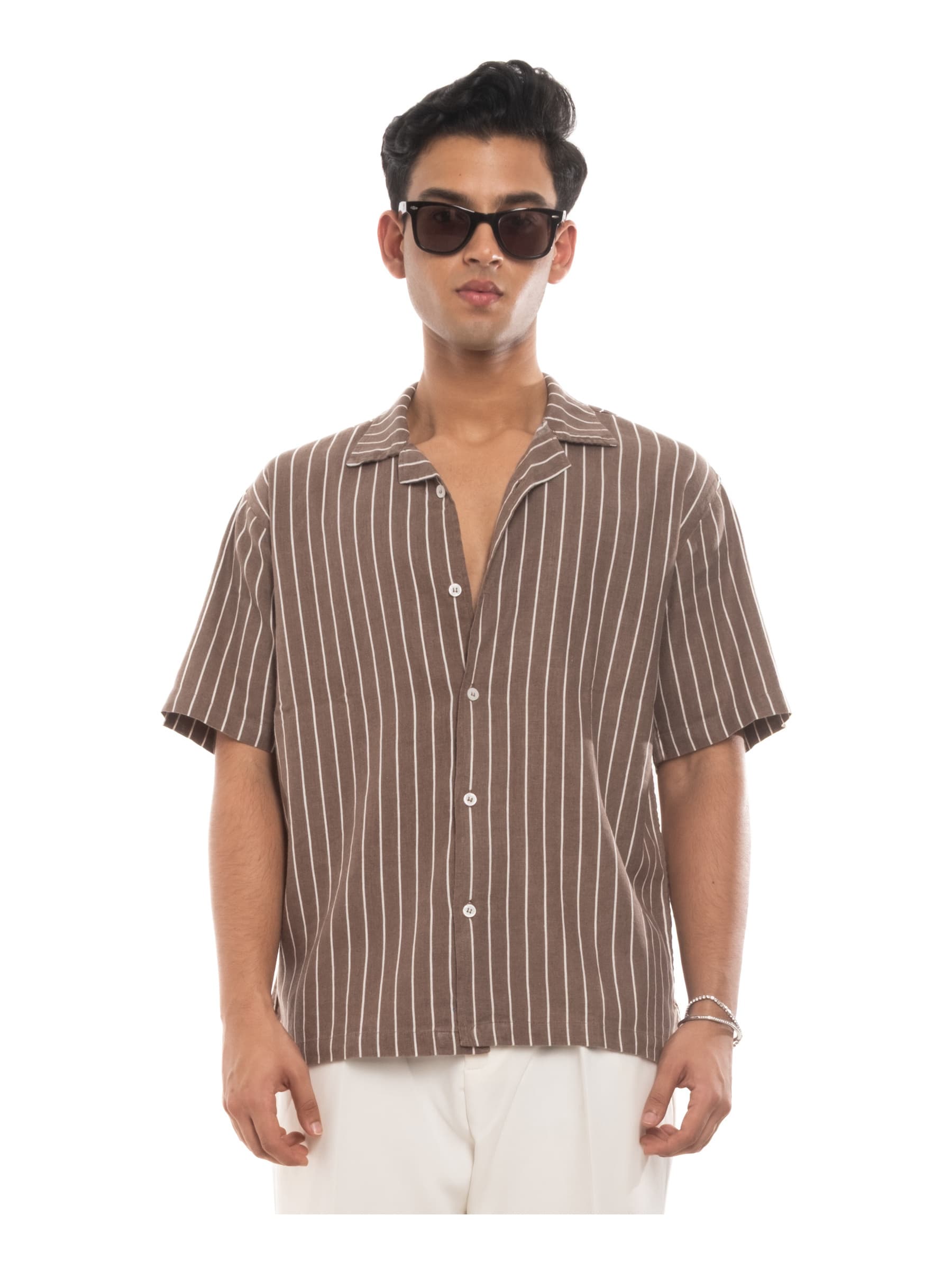 CALA | Cuban Shirt in Brown Pinstripe