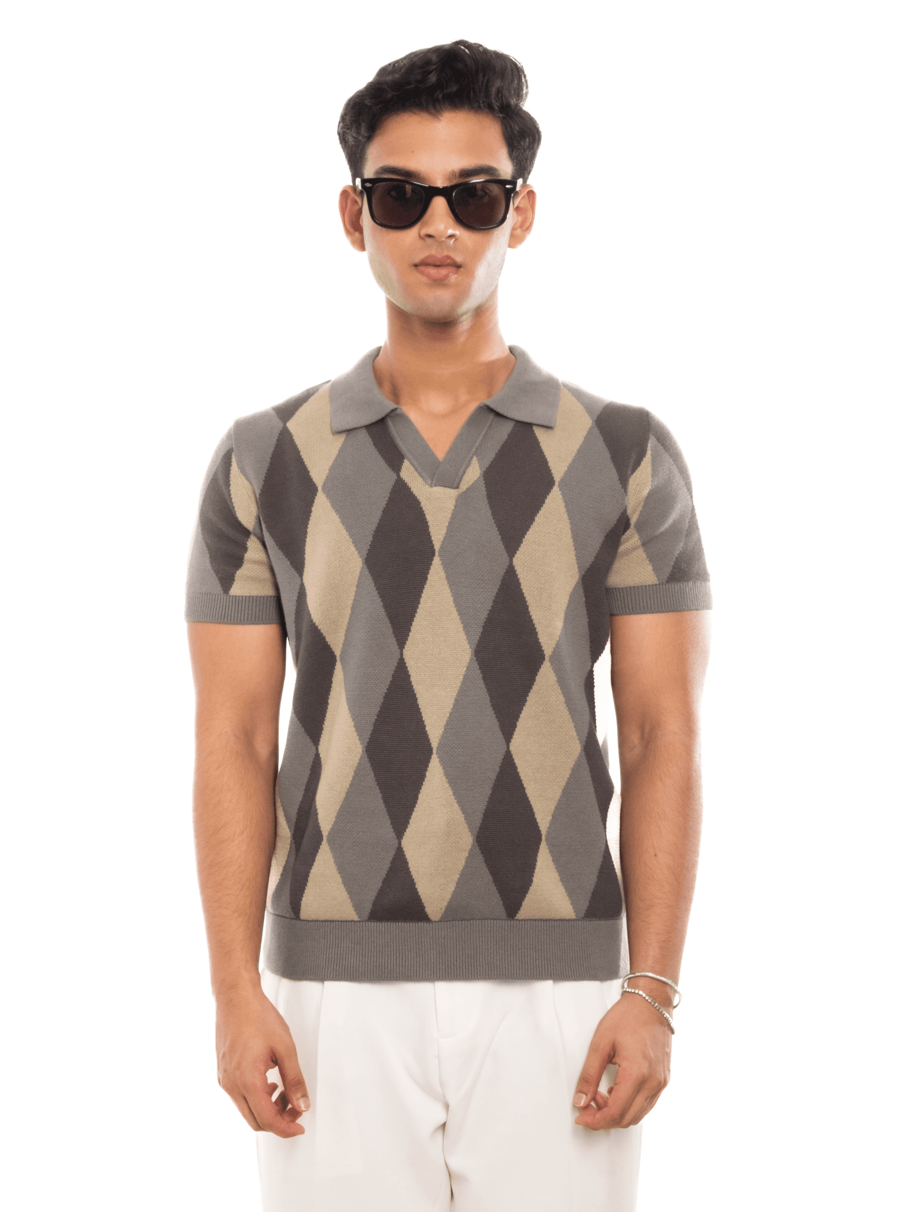 ROMBO | Knit Polo in Taupe Mix Argyle