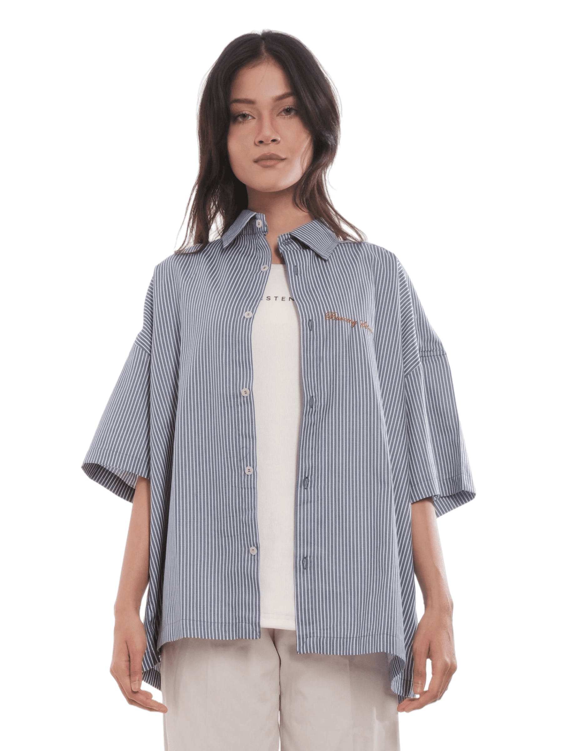 SERA | Boxy Shirt in Navy Pinstripe