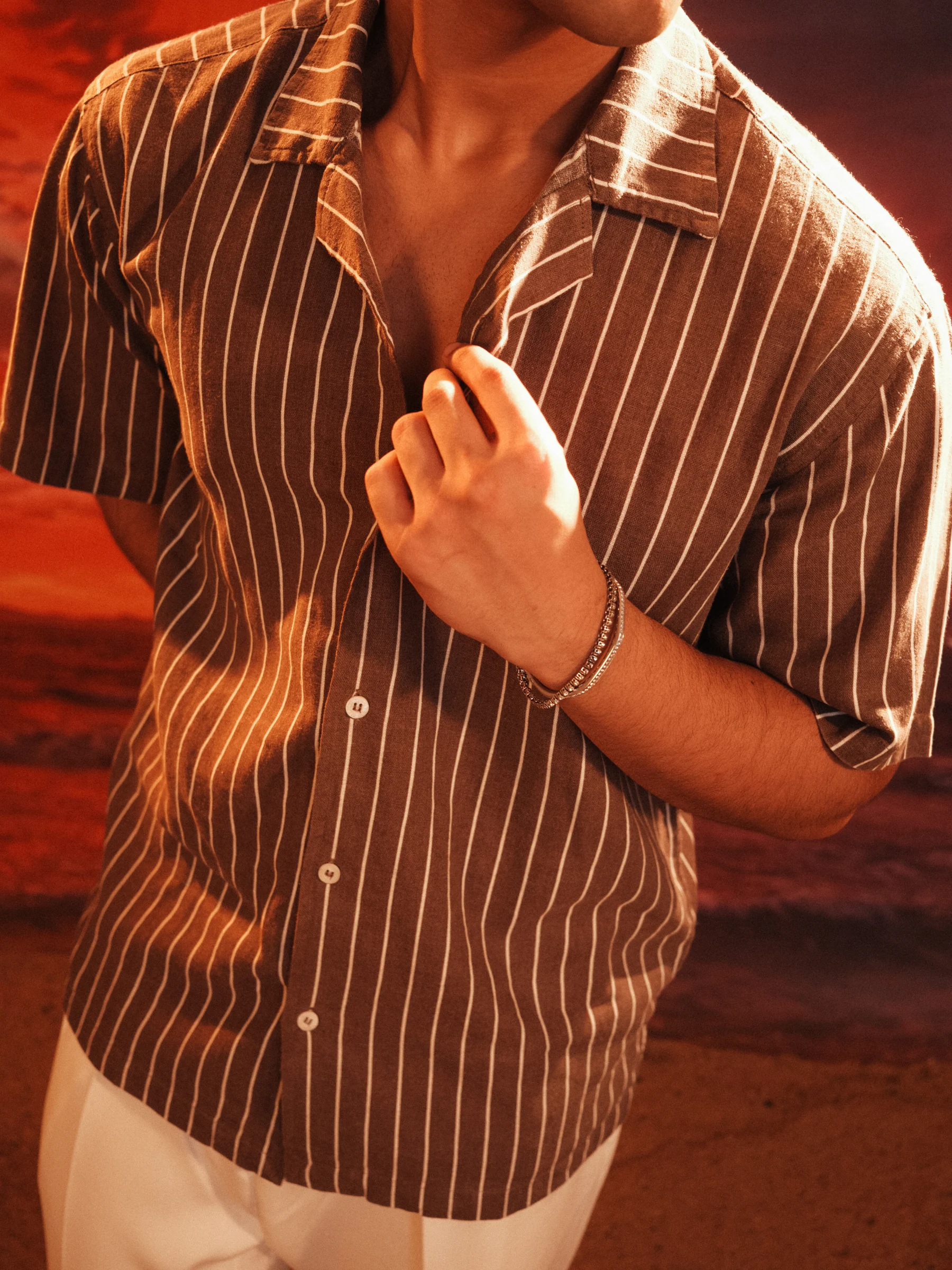 CALA Cuban Shirt in Brown Pinstripe - 5