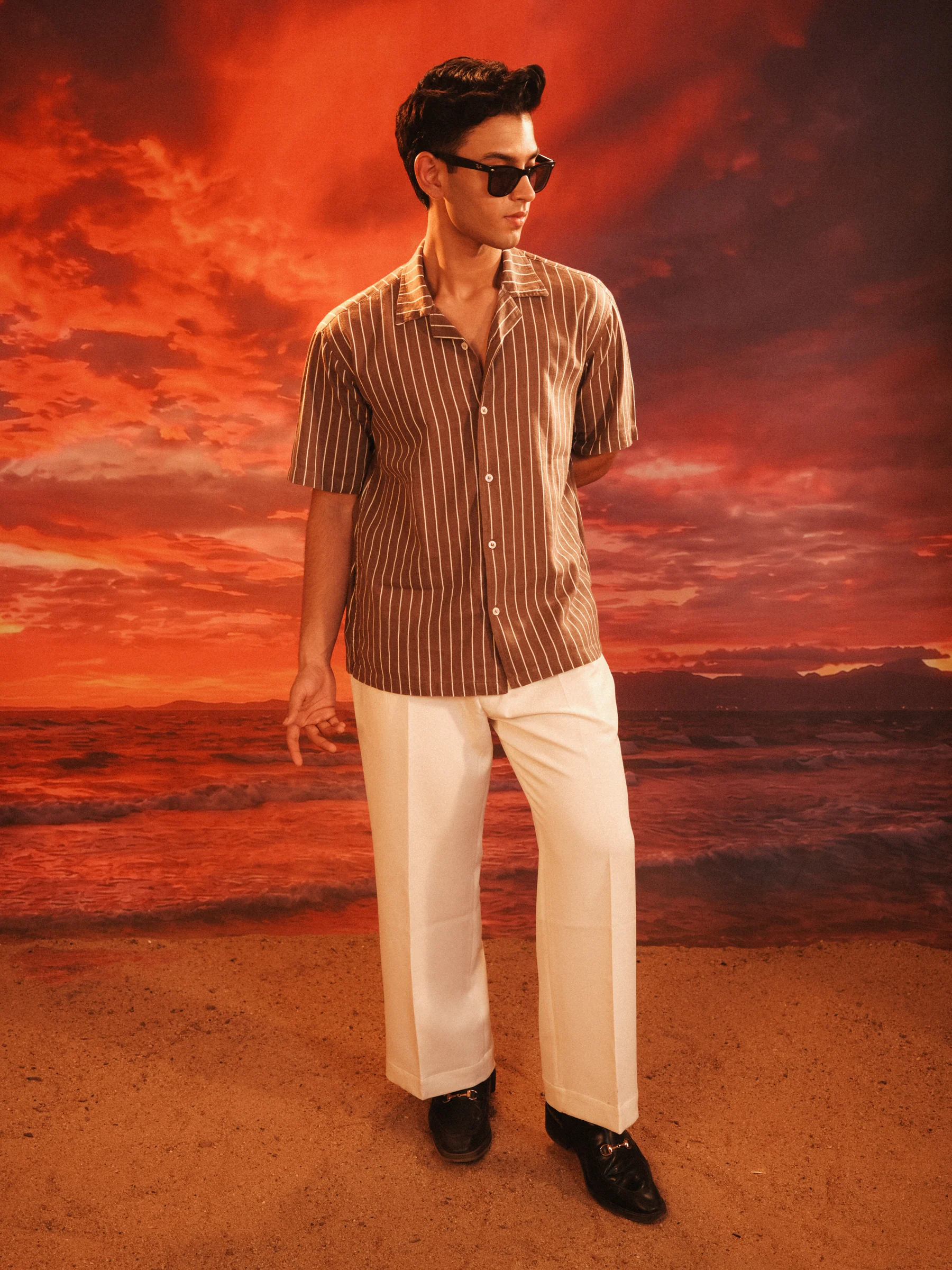 CALA Cuban Shirt in Brown Pinstripe - 7