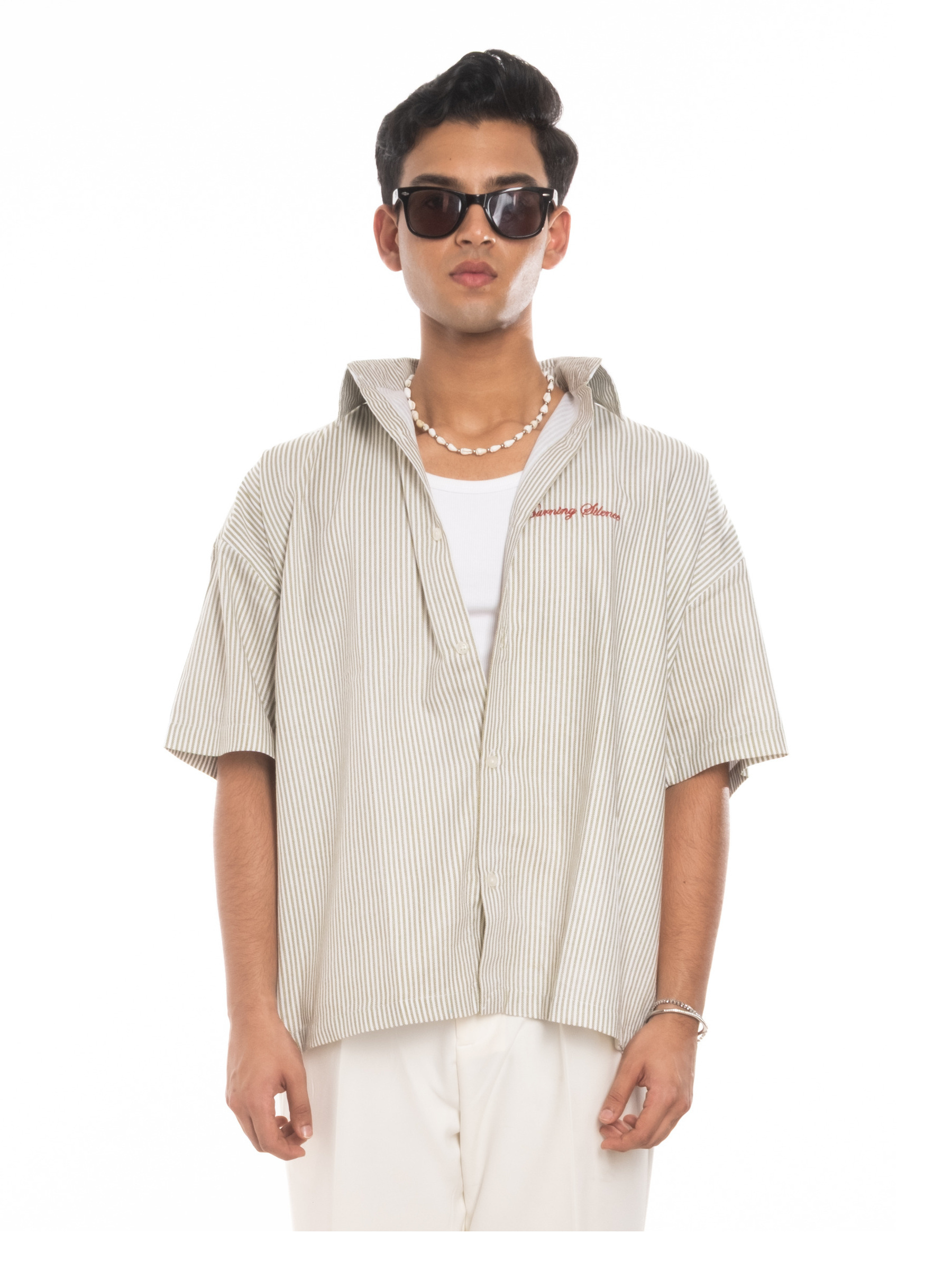 SERA Boxy Shirt in Khaki Pinstripe