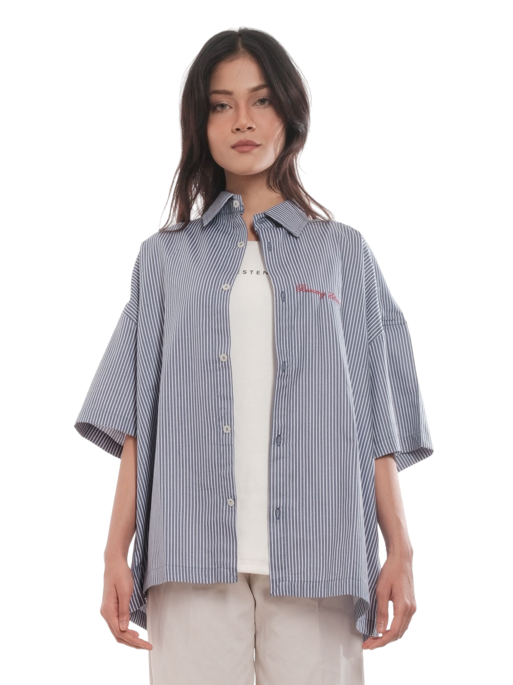 SERA Boxy Shirt in Navy Pinstripe